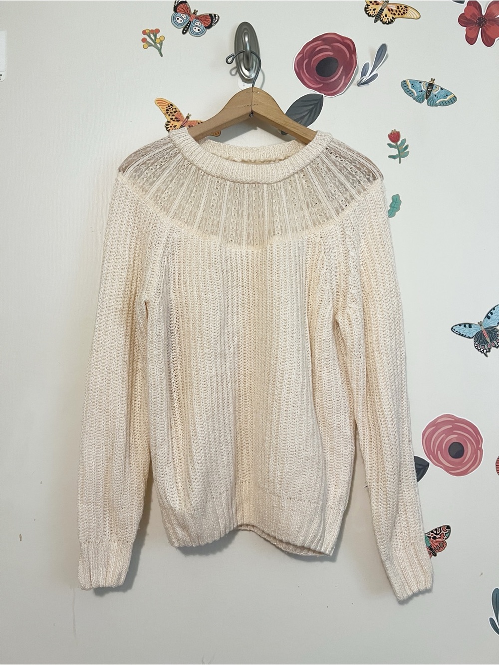 Amazon Cream Lace-Yoke Knit Crewneck Sweater